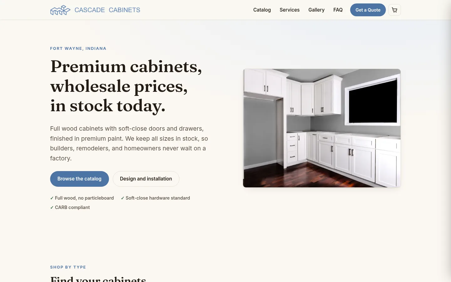 The Cascade Cabinets homepage on a laptop: cream background, serif headline reading Premium cabinets, wholesale prices, in stock today, beside a photo of a white kitchen.
