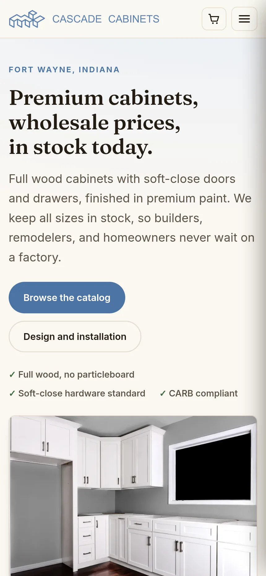 The same Cascade Cabinets page on a phone, with the catalog and quote buttons stacked under the headline.