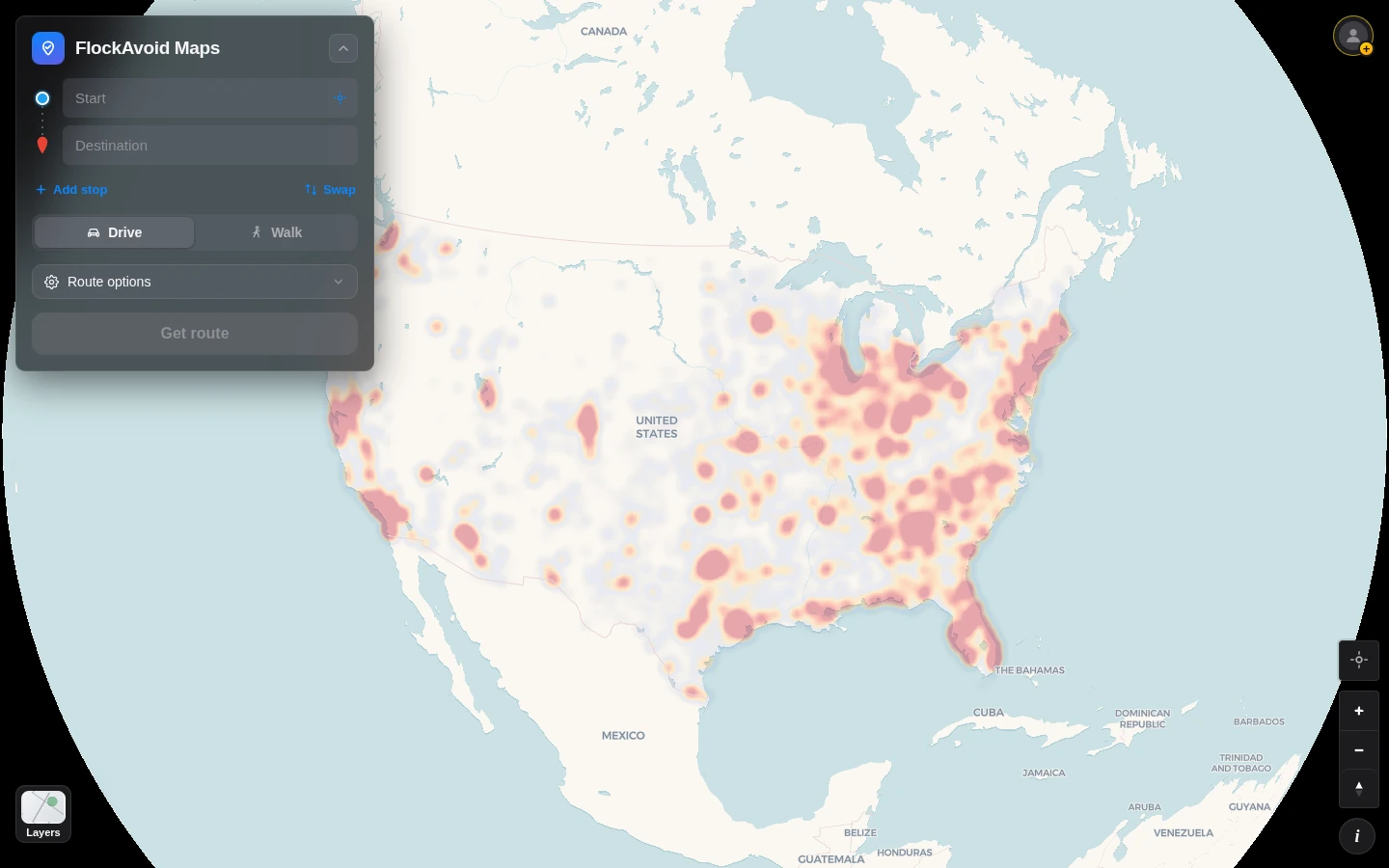 The FlockAvoid map app on a laptop: the United States with surveillance camera density drawn as a red heat map, and a routing panel in the corner.